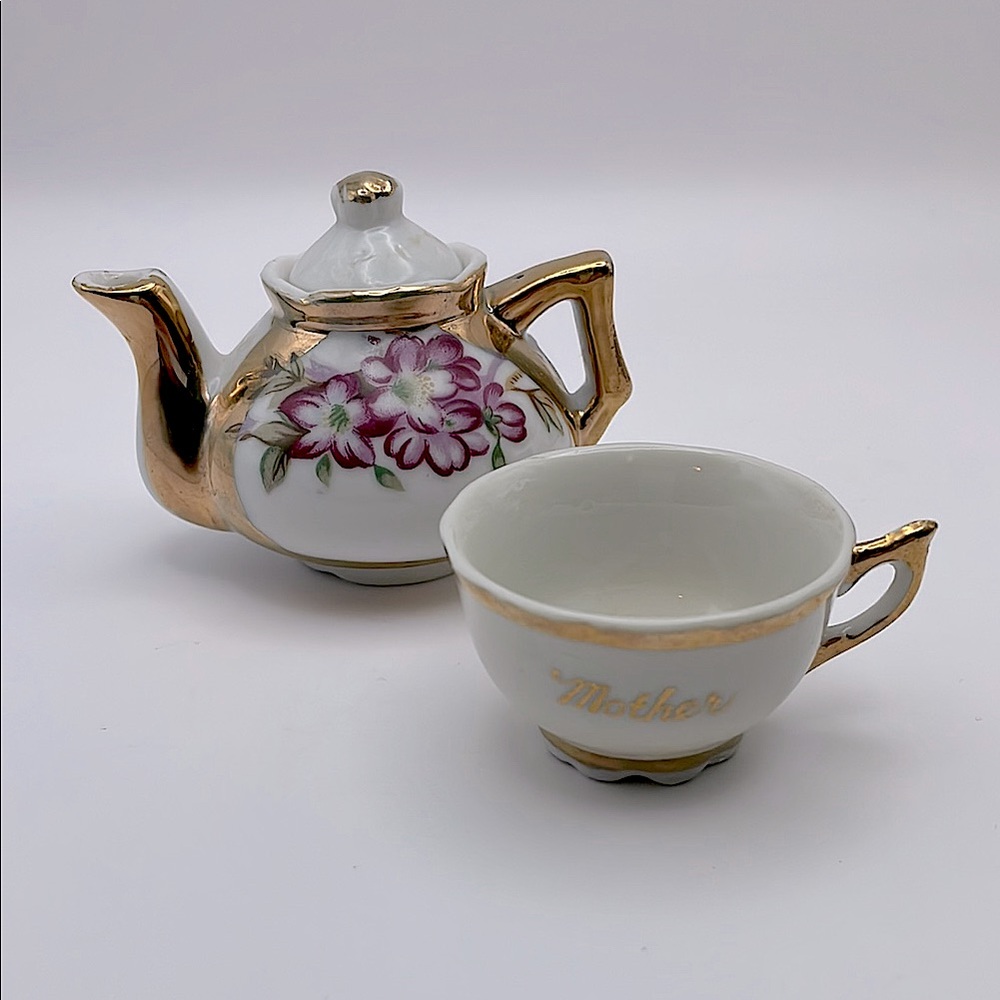 Vintage, Hand painted, Miniature Porcelain Teapot and “Mother” Cup, Gold Accents